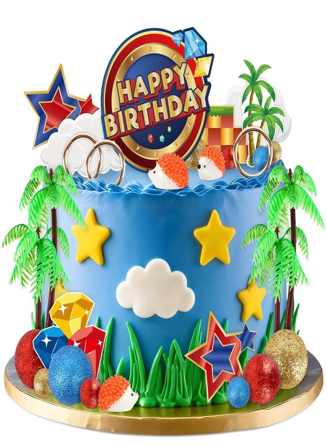 Abilat 28 Pcs Hedgehog Cake Toppers Blue Cartoon Themed Birthday Cake Decoration with Hedgehogs Palm Trees Stars Rings Animals Cupcake Toppers for Boys Girls Kids Birthday Party Supplies - Image 1